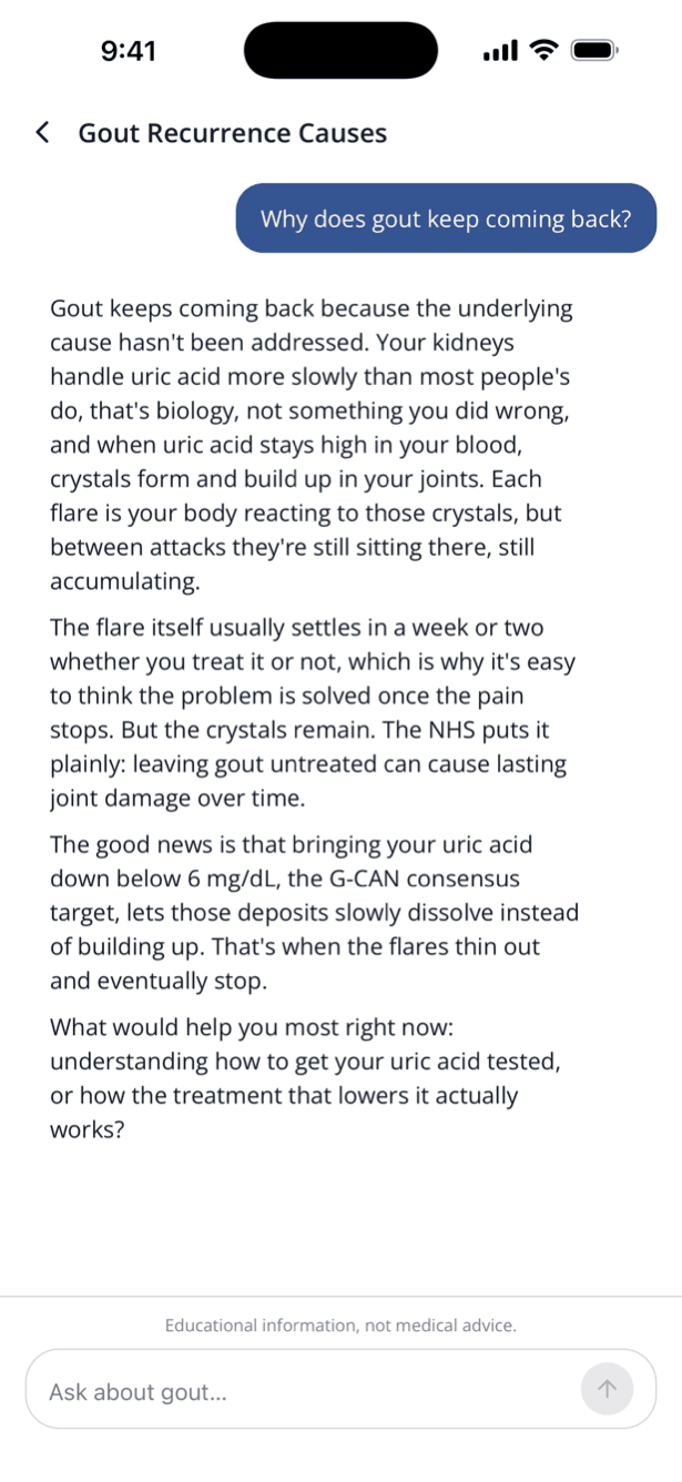 Flarebreak Coach chat answering “Why does gout keep coming back?” in plain language, citing the G-CAN consensus uric acid target.