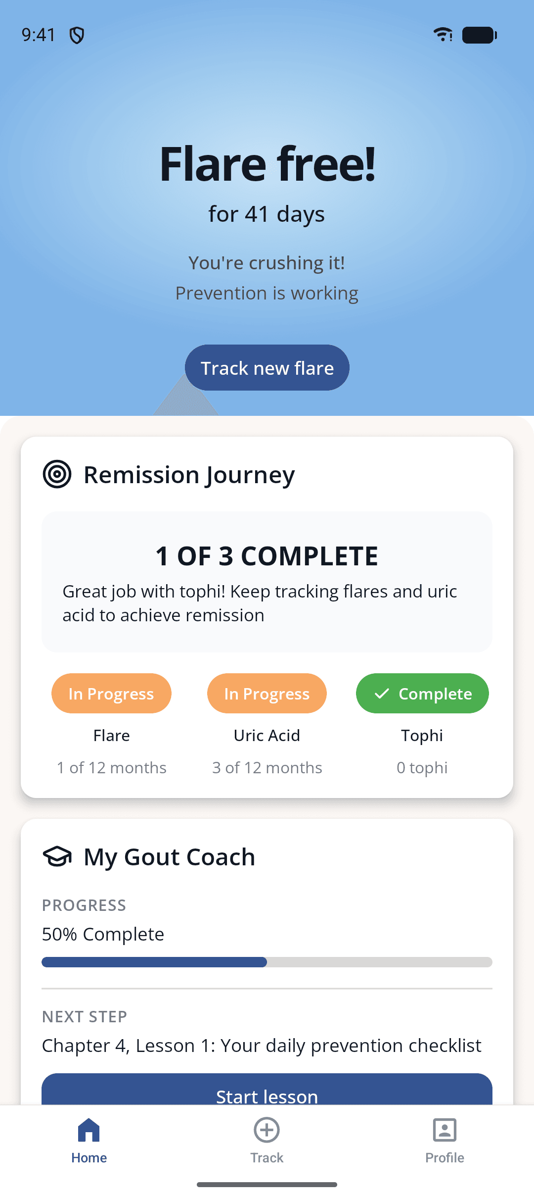 Flarebreak home screen: 41 days flare-free, with Remission Journey and Gout Coach progress